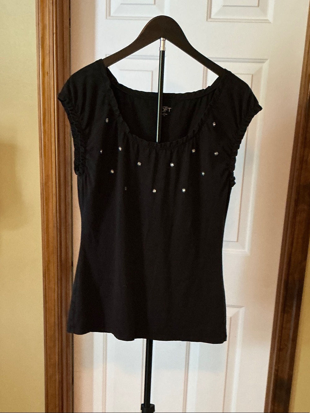 LOFT Black Cap-Sleeve Top with Crystal Accents